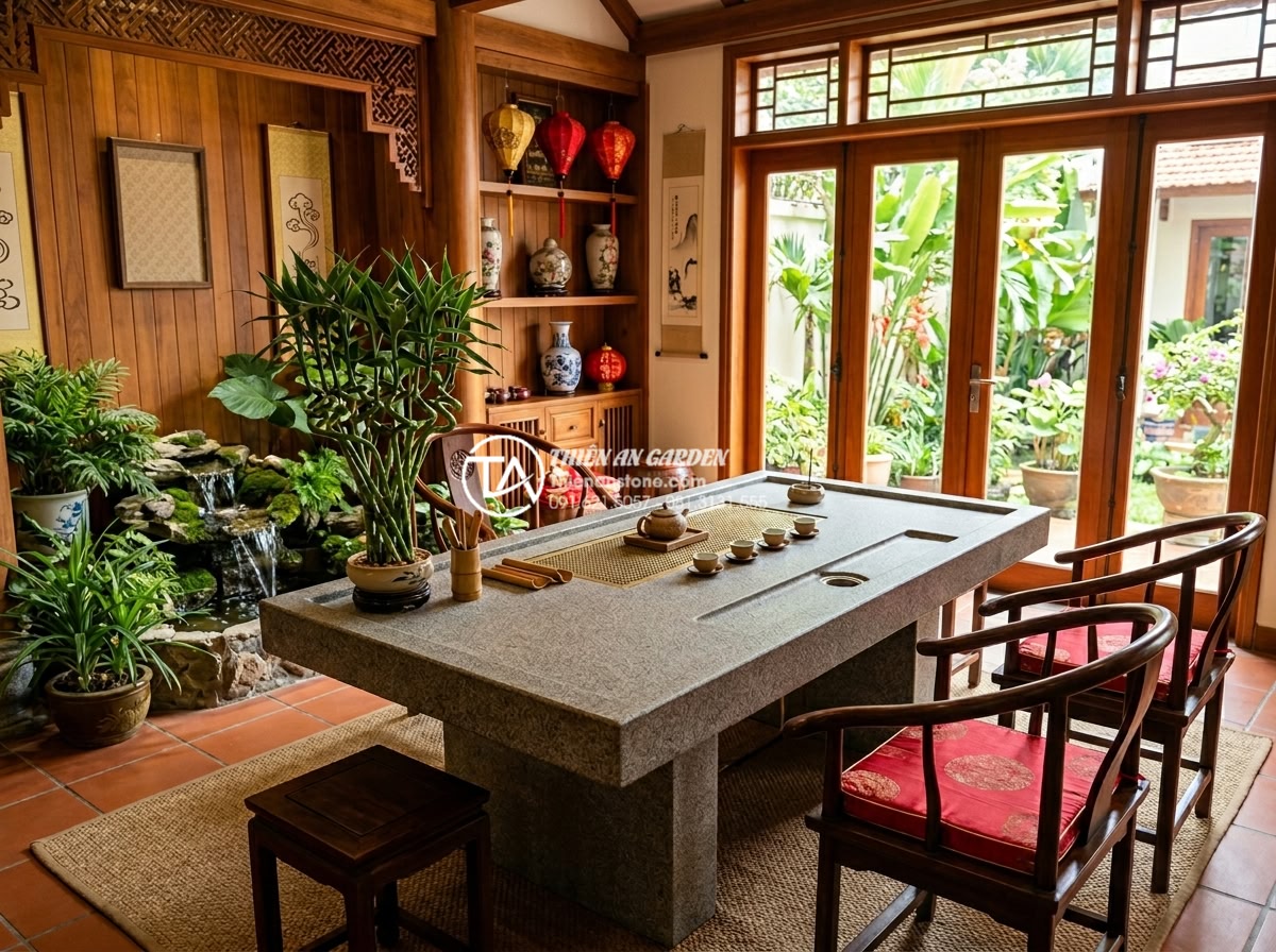 Tại sao bàn trà đá nguyên khối ngày càng được ưa chuộng tại Việt Nam? - Hình 9 Tại sao bàn trà đá nguyên khối ngày càng được ưa chuộng tại Việt Nam? - Elegant professional photograph of a traditional Vietnamese living room designed