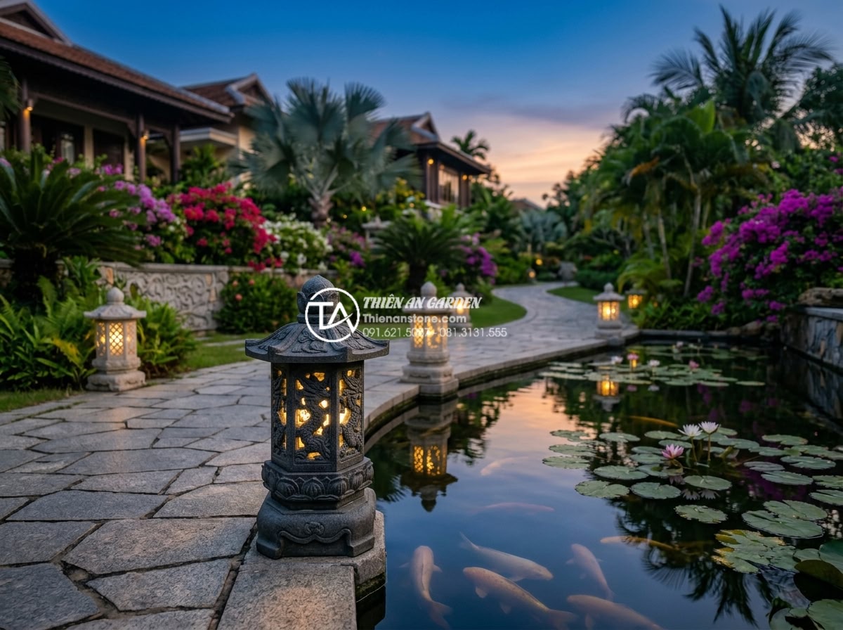 Tại sao đèn đá Granite lại được ưa chuộng nhất trong thi công sân vườn? - Professional landscape photography of a luxurious Vietnamese villa garden at twi