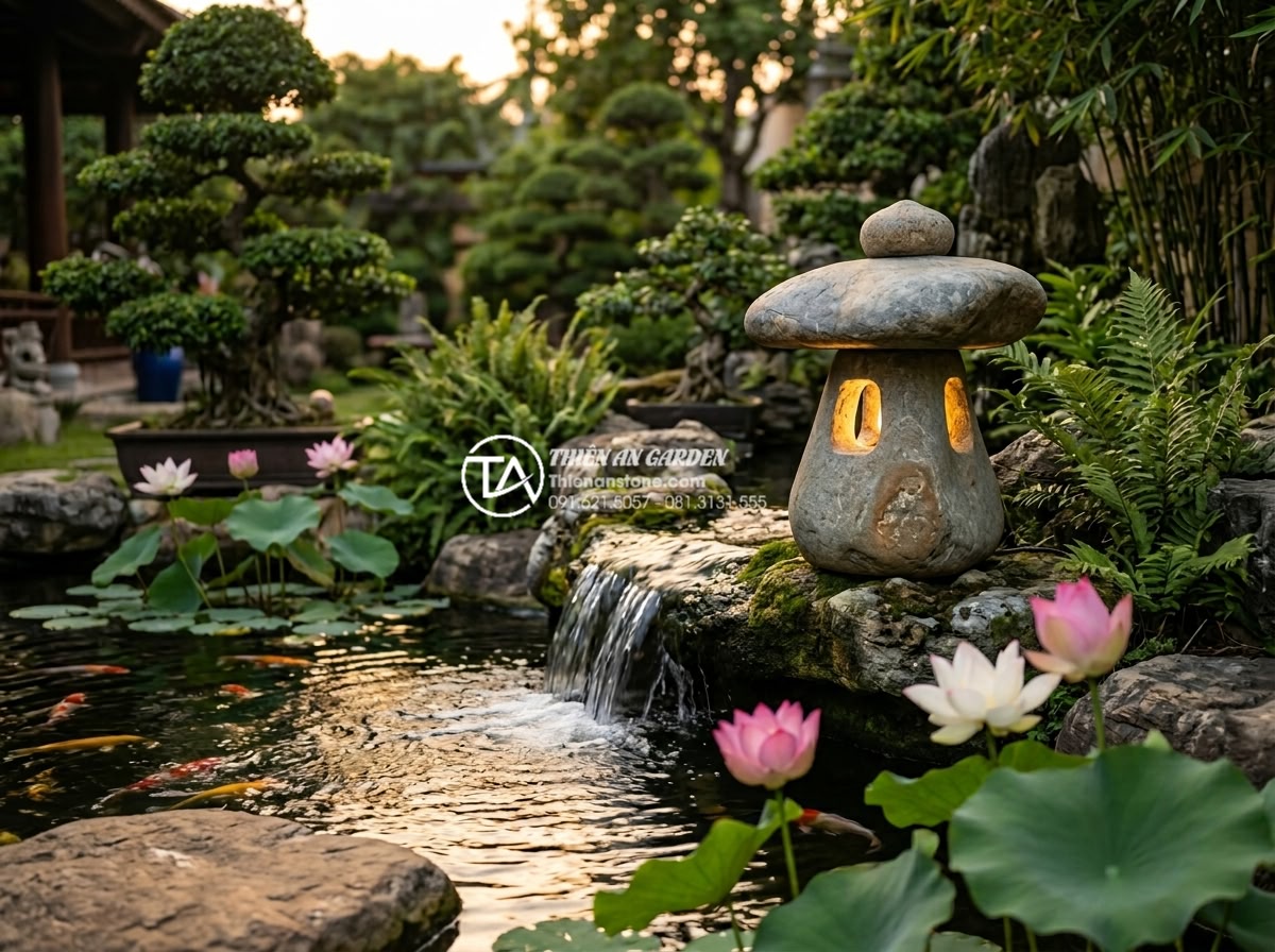 Tại sao đèn đá Granite lại được ưa chuộng nhất trong thi công sân vườn? - Peaceful evening scene of a granite lantern placed in the perfect feng shui posi