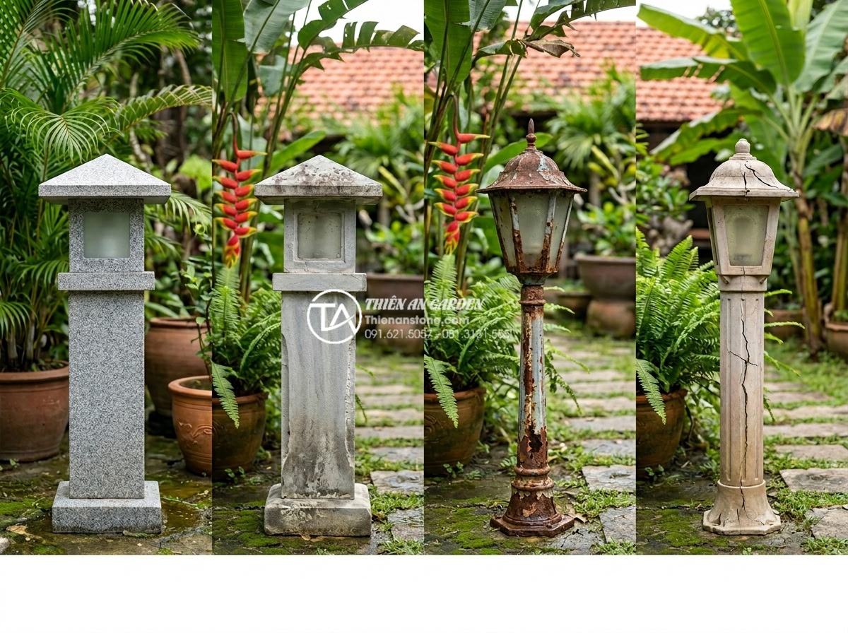 Tại sao đèn đá Granite lại được ưa chuộng nhất trong thi công sân vườn? - Professional infographic style comparison chart visualized with real photos of f