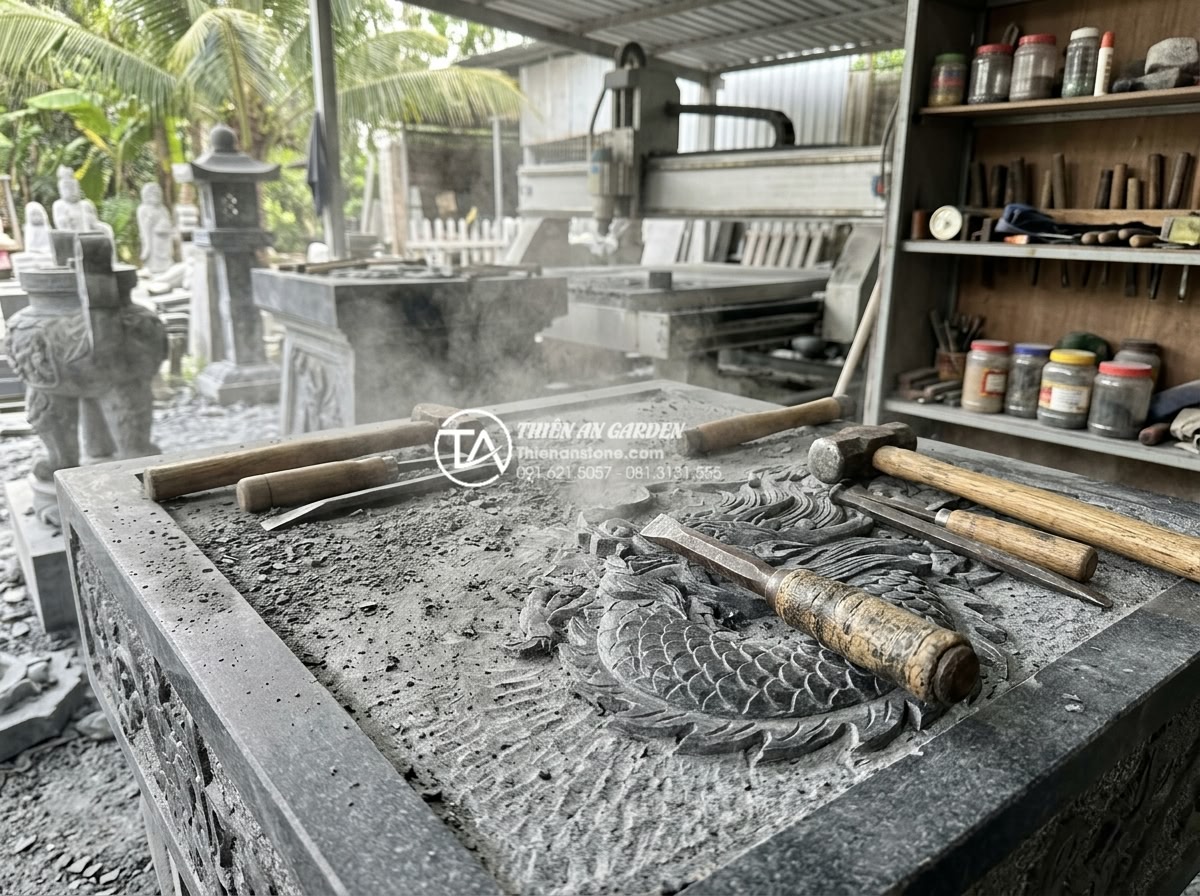Tại sao đèn đá Granite lại được ưa chuộng nhất trong thi công sân vườn? - Behind the scenes workshop photography showing master artisans hand-carving intr