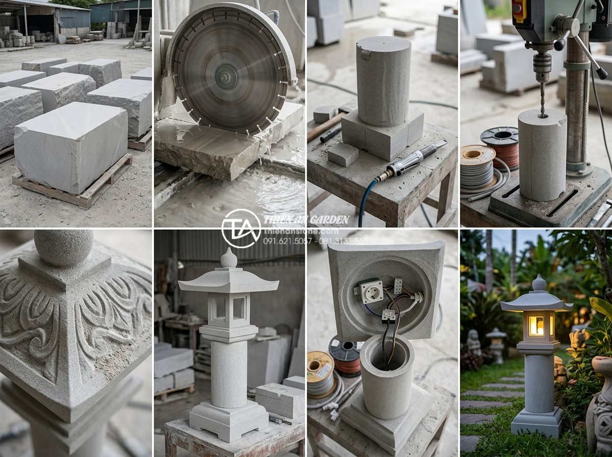Tại sao đèn đá Granite lại được ưa chuộng nhất trong thi công sân vườn? - Step-by-step collage showing the complete production process of a granite garden