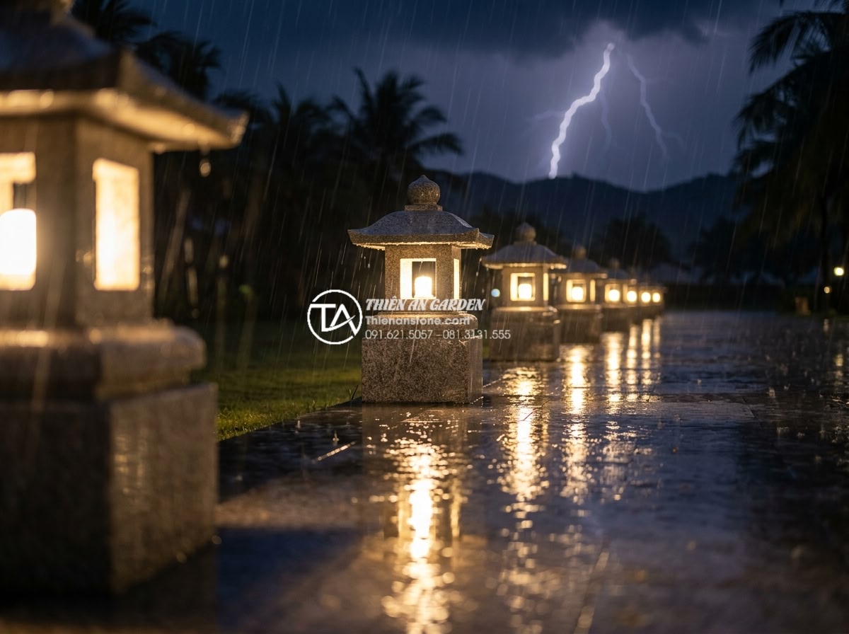 Tại sao đèn đá Granite lại được ưa chuộng nhất trong thi công sân vườn? - Long exposure night photography of a row of elegant granite lanterns lining a re