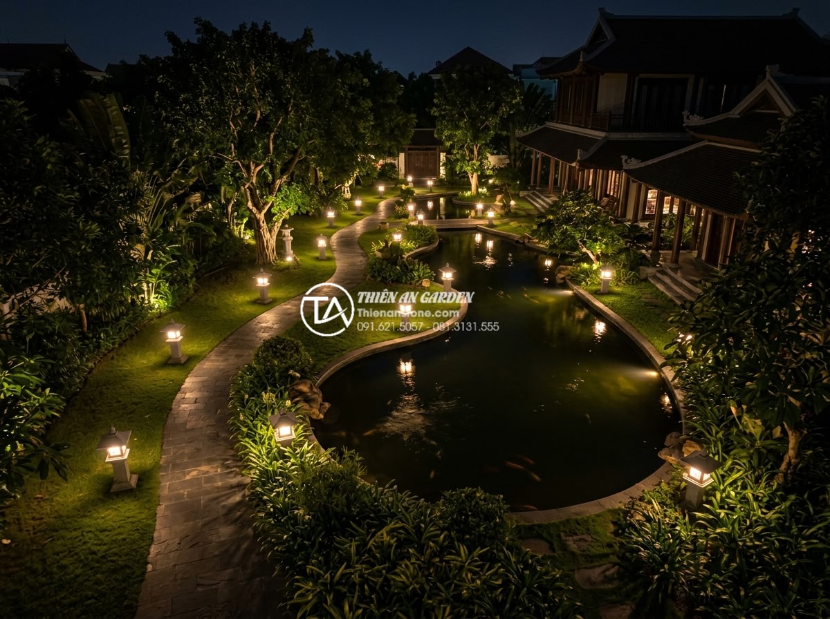 Tại sao đèn đá Granite lại được ưa chuộng nhất trong thi công sân vườn? - Drone aerial view of a large luxury villa garden at night with over 20 granite l