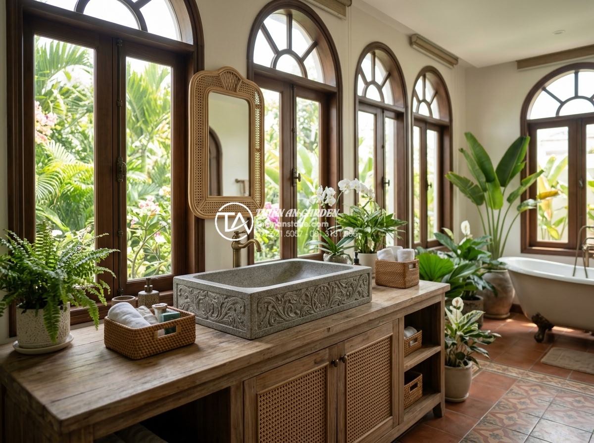 Tại Sao Lavabo Đá Kanly Được Ưa Chuộng Trong Kiến Trúc Đông Dương (Indochine)? - Wide angle view of a luxurious Indochine-style master bathroom featuring a large