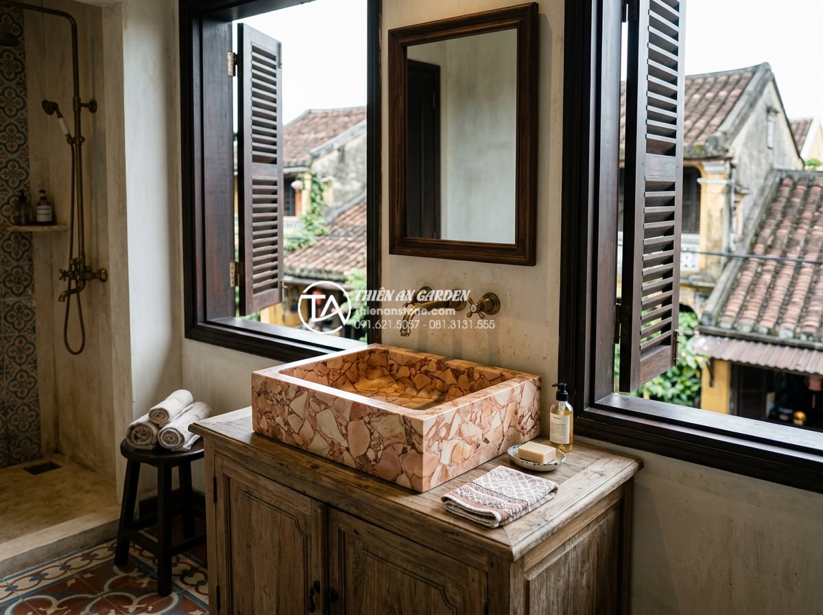Tại Sao Lavabo Đá Kanly Được Ưa Chuộng Trong Kiến Trúc Đông Dương (Indochine)? - Real life case study photo of a completed Indochine resort villa bathroom in Hoi