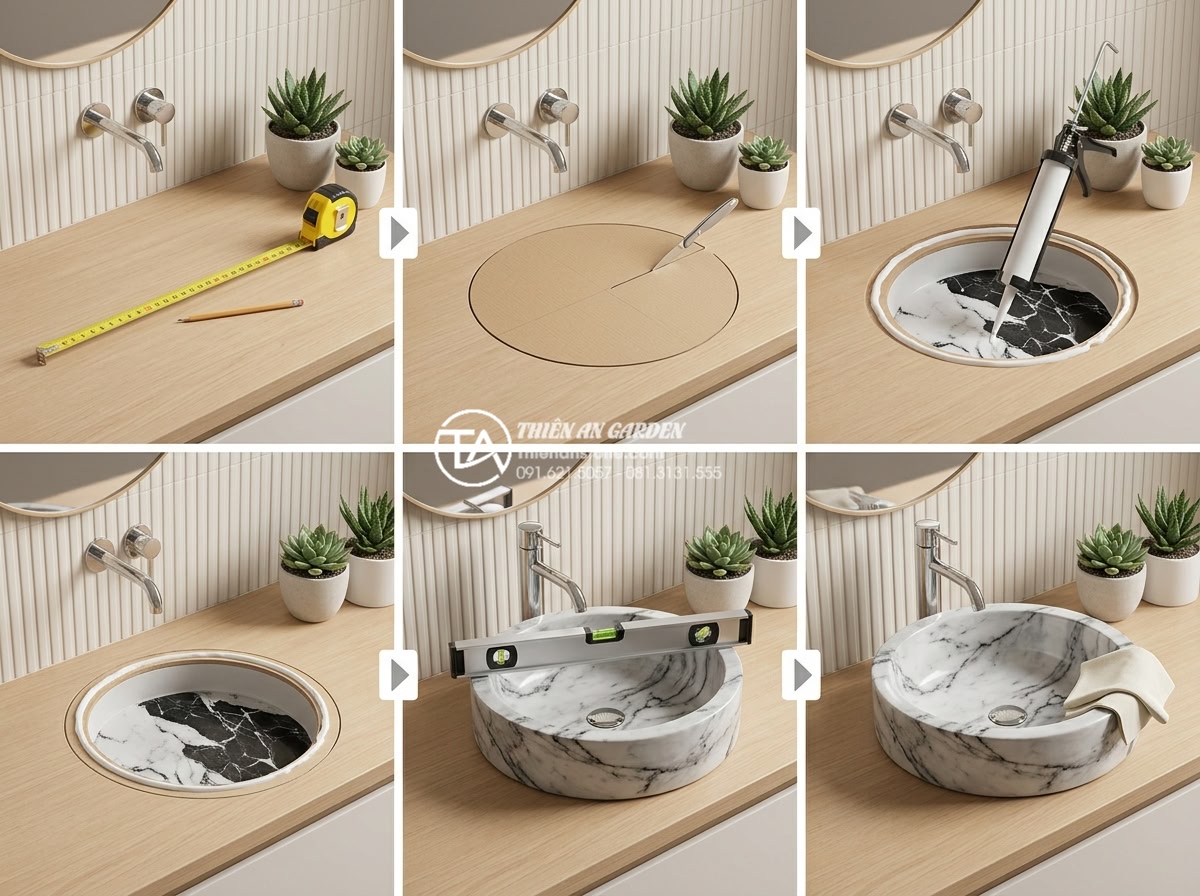 Tại Sao Lavabo Đá Kanly Được Ưa Chuộng Trong Kiến Trúc Đông Dương (Indochine)? - Step by step installation guide infographic for Kanly stone lavabo showing measu