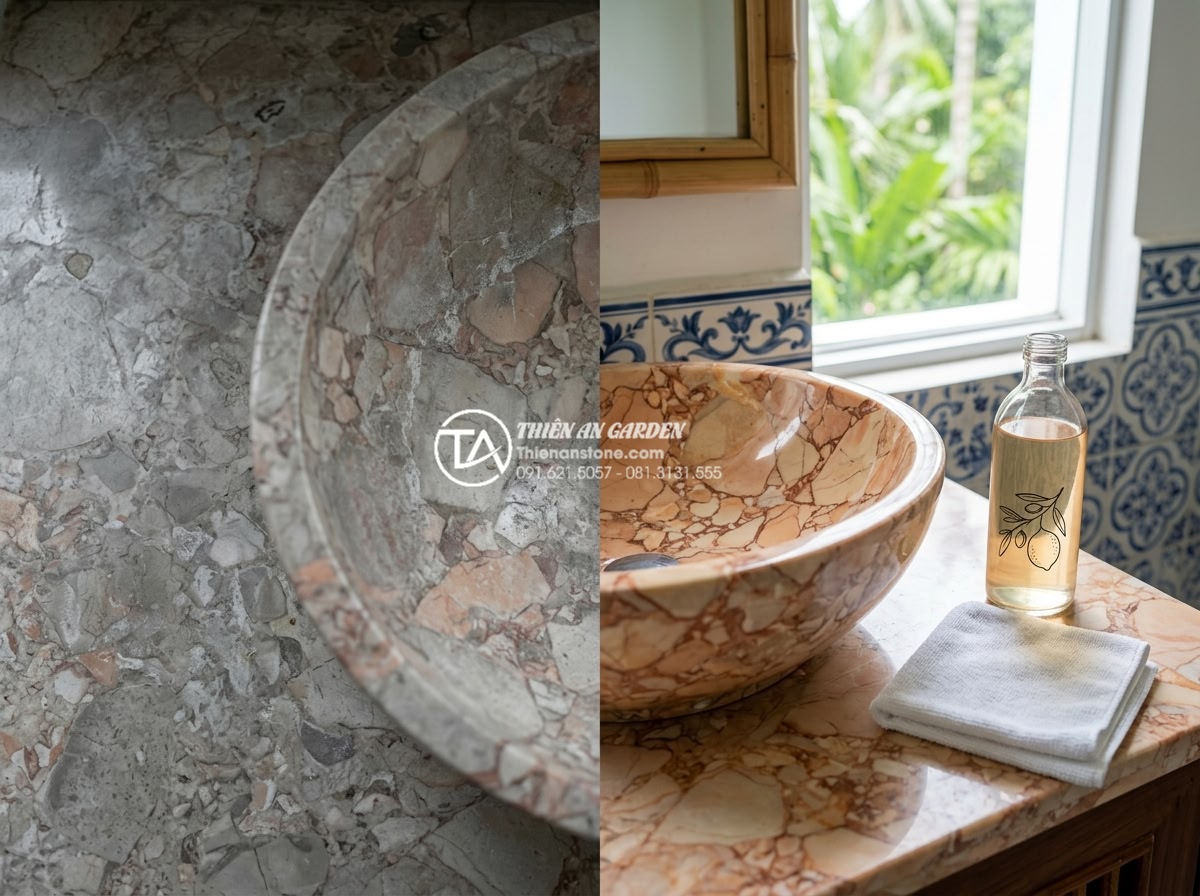 Tại Sao Lavabo Đá Kanly Được Ưa Chuộng Trong Kiến Trúc Đông Dương (Indochine)? - Care and maintenance guide visual showing proper cleaning techniques for Kanly s