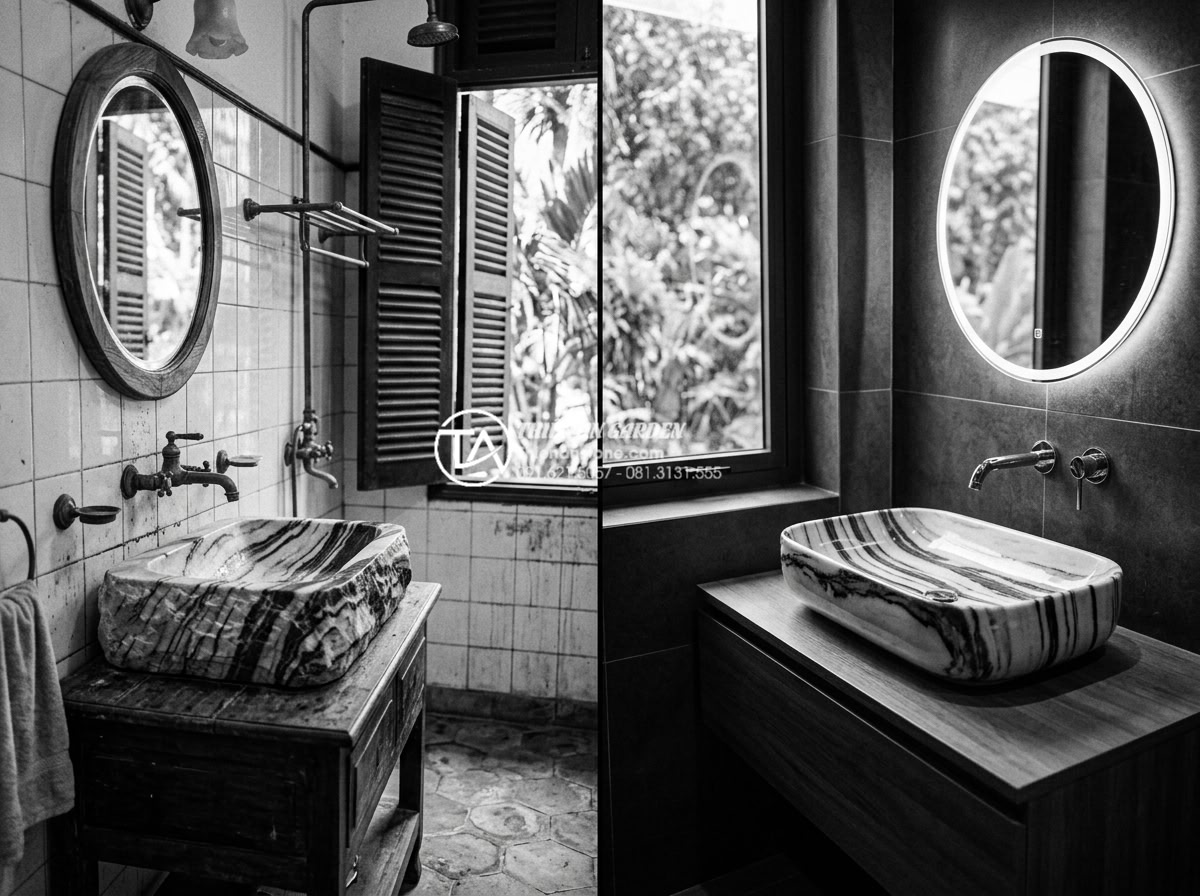 Tại Sao Lavabo Đá Kanly Được Ưa Chuộng Trong Kiến Trúc Đông Dương (Indochine)? - Historical black and white archival photo style image showing French colonial vi