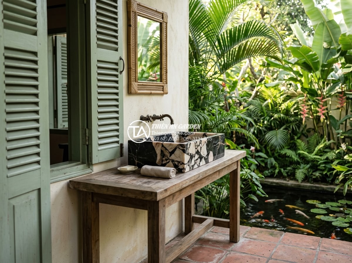 Tại Sao Lavabo Đá Kanly Được Ưa Chuộng Trong Kiến Trúc Đông Dương (Indochine)? - Stylish Indochine villa exterior bathroom with Kanly stone lavabo placed on outd