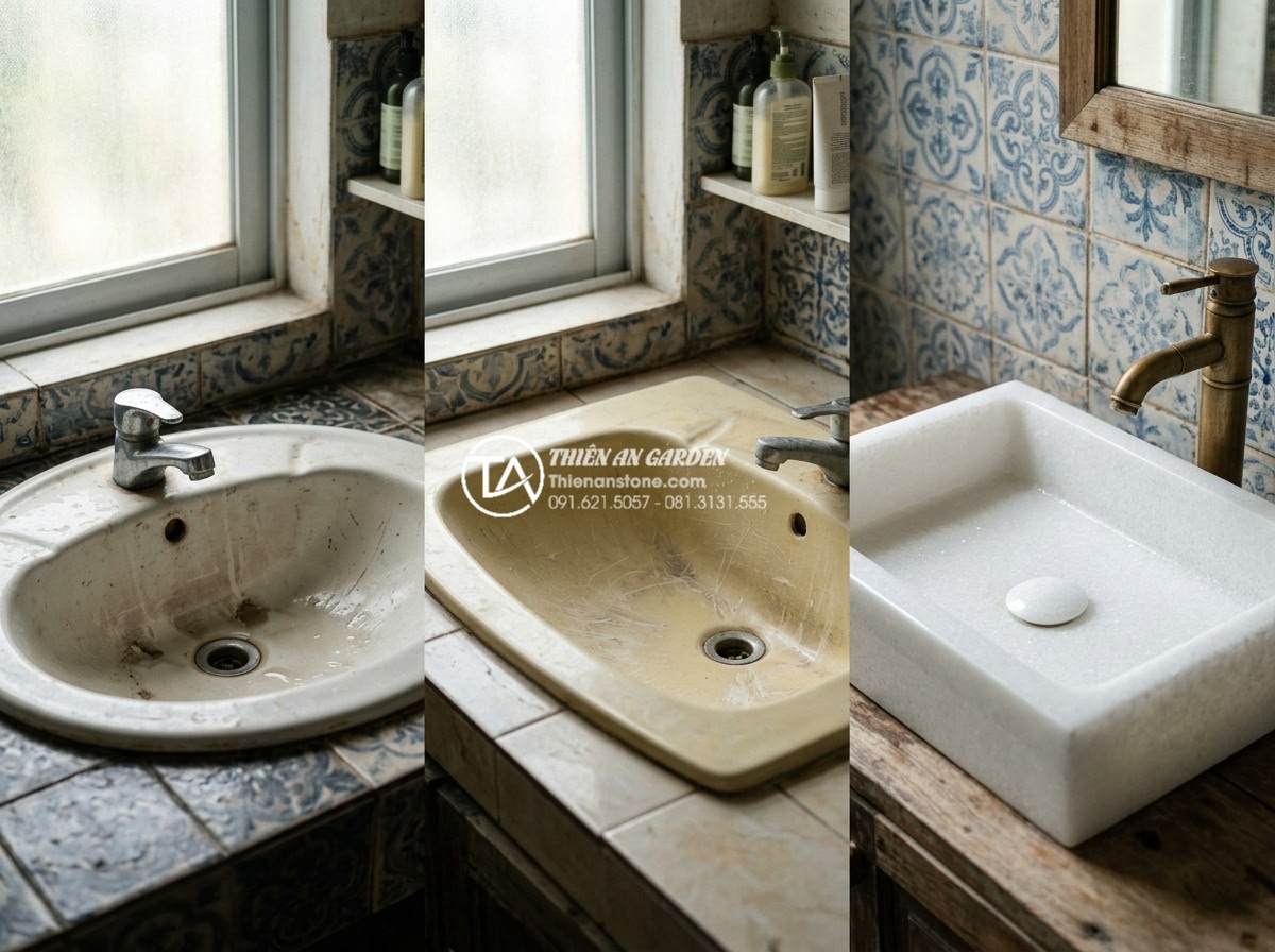 Tại Sao Lavabo Đá Kanly Được Ưa Chuộng Trong Kiến Trúc Đông Dương (Indochine)? - Side by side comparison showing durability test results of Kanly stone lavabo ve
