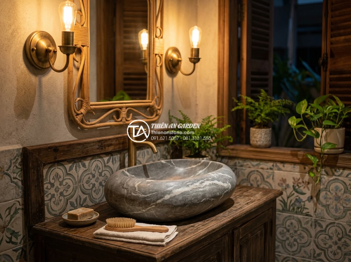 Tại Sao Lavabo Đá Kanly Được Ưa Chuộng Trong Kiến Trúc Đông Dương (Indochine)? - Beautifully lit evening scene of an Indochine style powder room with Kanly stone