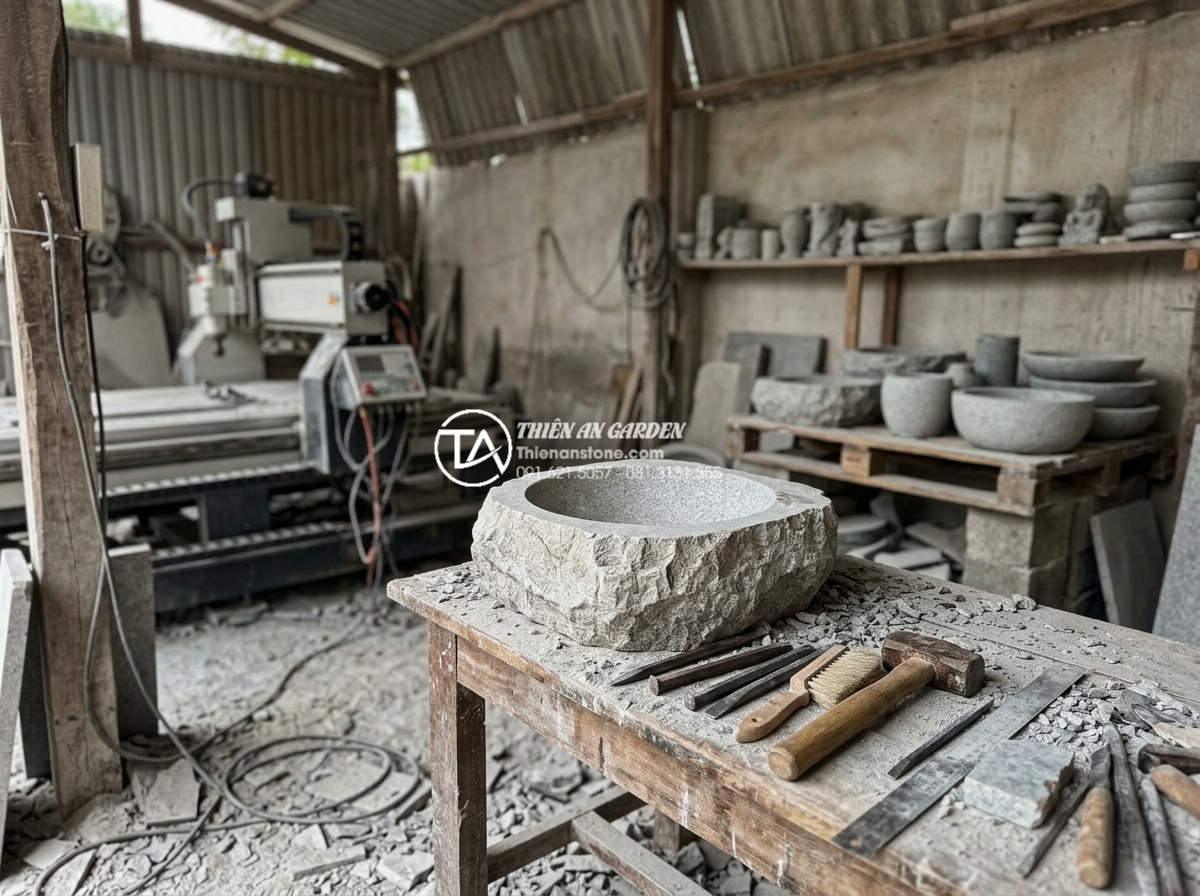 Tại Sao Lavabo Đá Kanly Được Ưa Chuộng Trong Kiến Trúc Đông Dương (Indochine)? - Behind the scenes workshop photo at Non Nuoc stone carving village showing artis