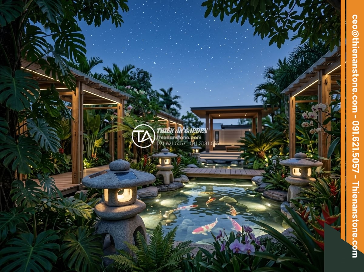 Tìm hiểu đèn đá Kasuga: Biểu tượng tâm linh trong vườn Nhật truyền thống - A futuristic concept rendering of a sustainable 2026 resort garden featuring adv