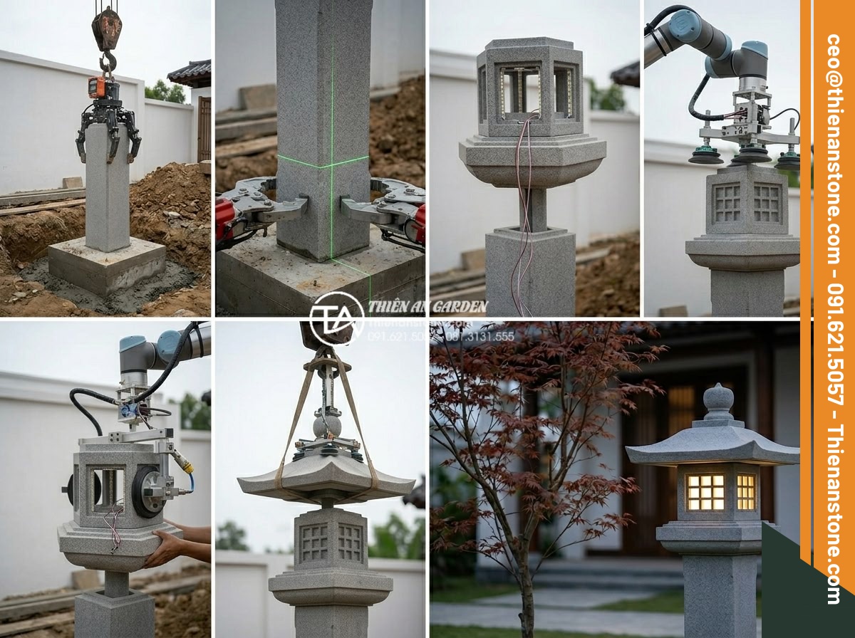 Tìm hiểu đèn đá Kasuga: Biểu tượng tâm linh trong vườn Nhật truyền thống - A step-by-step construction sequence photograph showing professional installatio