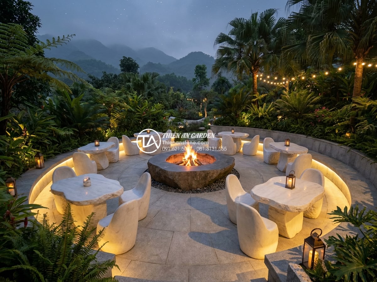 Tổng hợp các mẫu bàn ghế đá tự nhiên vân gỗ độc đáo nhất thế giới - Inspirational final image of a complete luxury outdoor living space at dusk feat