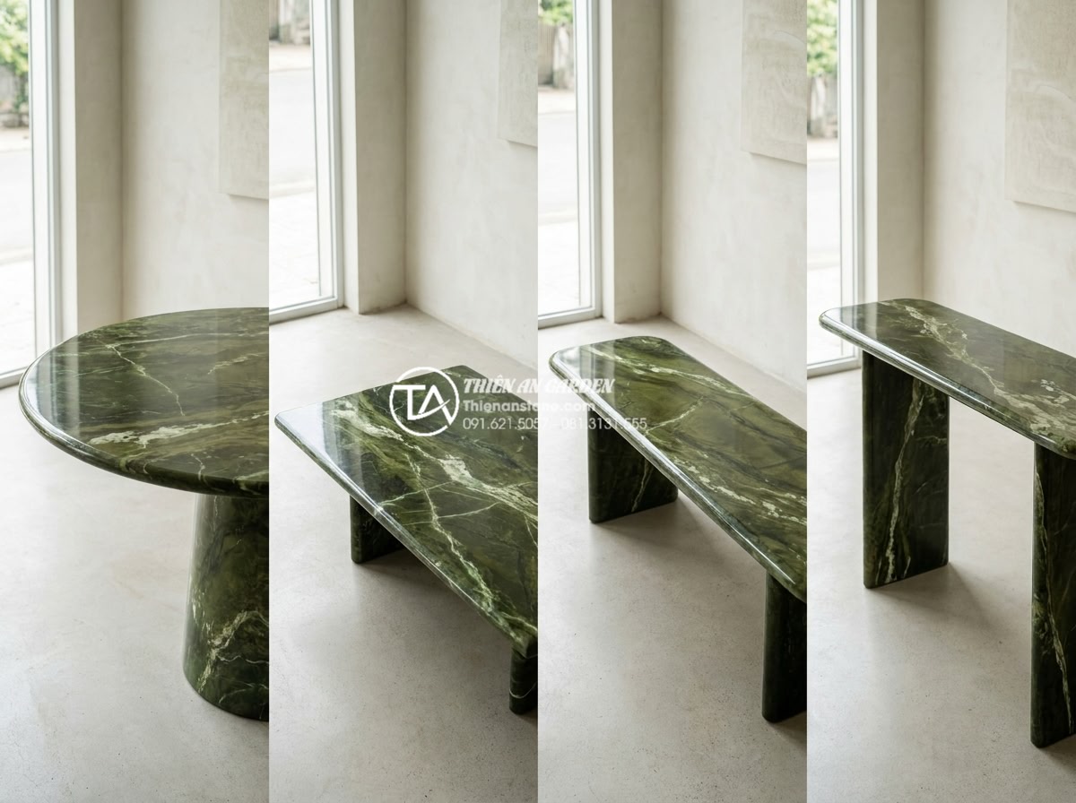 Tổng hợp các mẫu bàn ghế đá tự nhiên vân gỗ độc đáo nhất thế giới - Professional comparison collage showing four different types of natural wood-gra