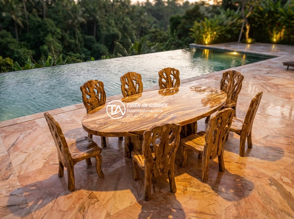 Tổng hợp các mẫu bàn ghế đá tự nhiên vân gỗ độc đáo nhất thế giới - Elegant outdoor dining set made from Indonesian petrified wood featuring a large