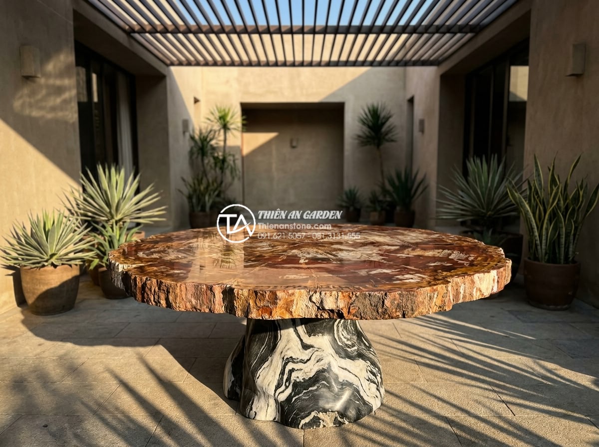 Tổng hợp các mẫu bàn ghế đá tự nhiên vân gỗ độc đáo nhất thế giới - Dramatic photograph of a massive round dining table crafted from a single 2-mete