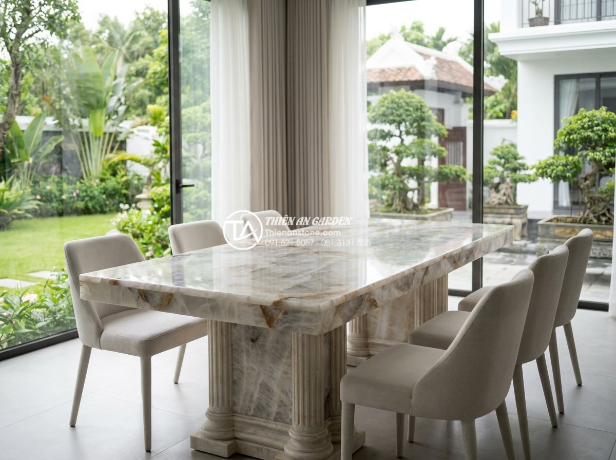 Tổng hợp các mẫu bàn ghế đá tự nhiên vân gỗ độc đáo nhất thế giới - Sophisticated European-style dining set featuring a rectangular petrified wood t