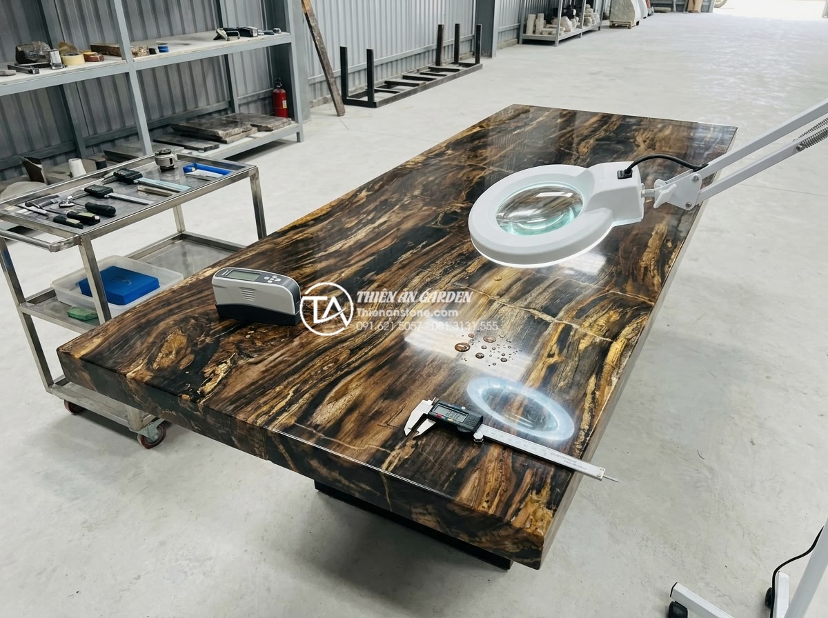 Tổng hợp các mẫu bàn ghế đá tự nhiên vân gỗ độc đáo nhất thế giới - Detailed inspection scene showing a quality control expert at Đá Cảnh Thiên An u