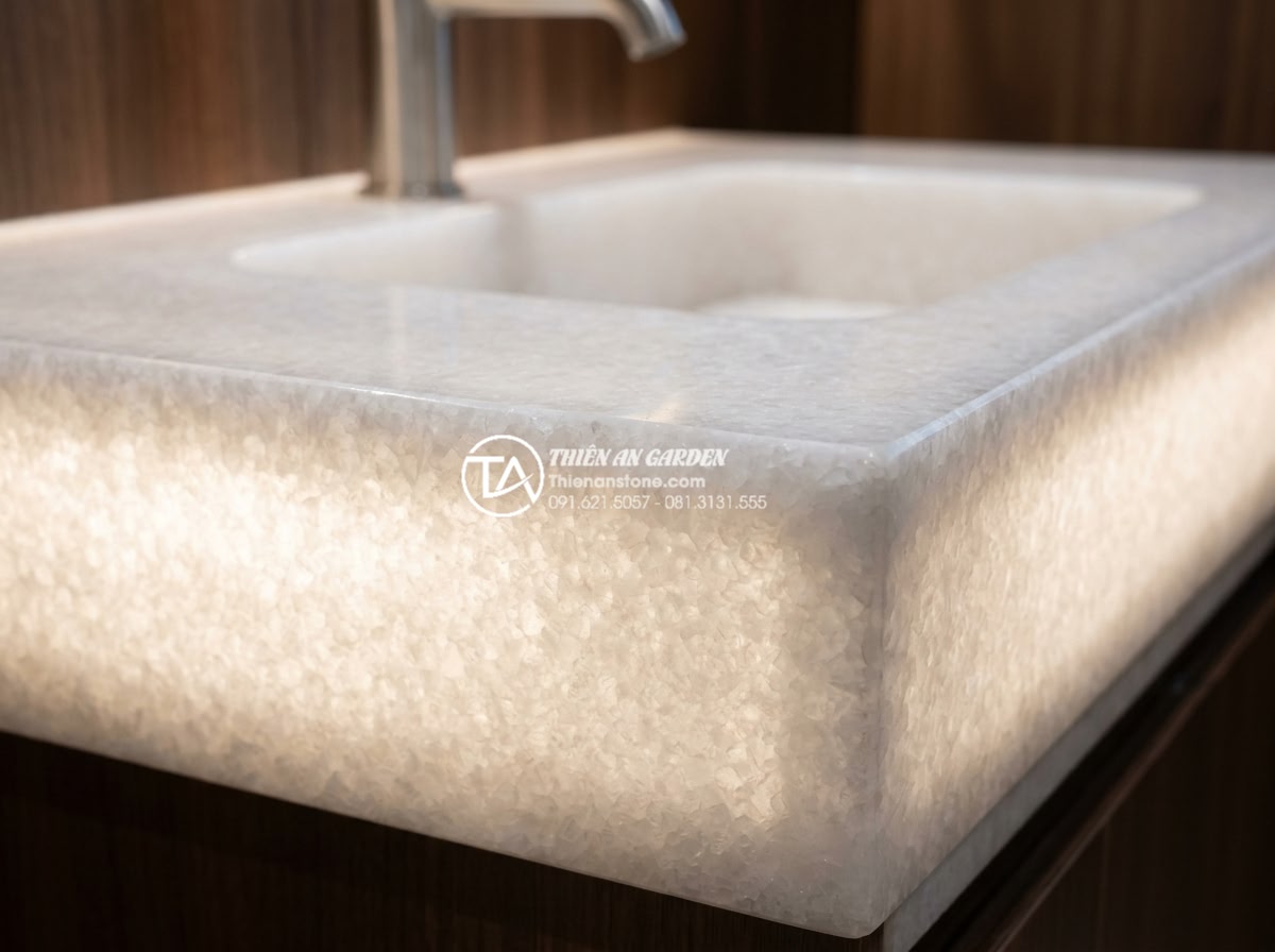 Top 10 Mẫu Bàn Đá Lavabo Đẹp Chinh Phục Mọi Ánh Nhìn Năm 2026 - Close-up detailed view of glowing white onyx stone texture on bathroom vanity, s