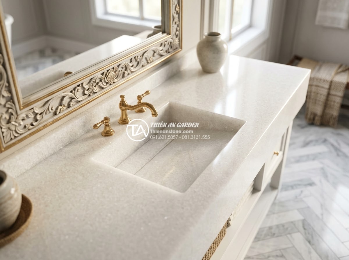 Top 10 Mẫu Bàn Đá Lavabo Đẹp Chinh Phục Mọi Ánh Nhìn Năm 2026 - Elegant white marble Carrara bathroom vanity with subtle golden veins, integrate