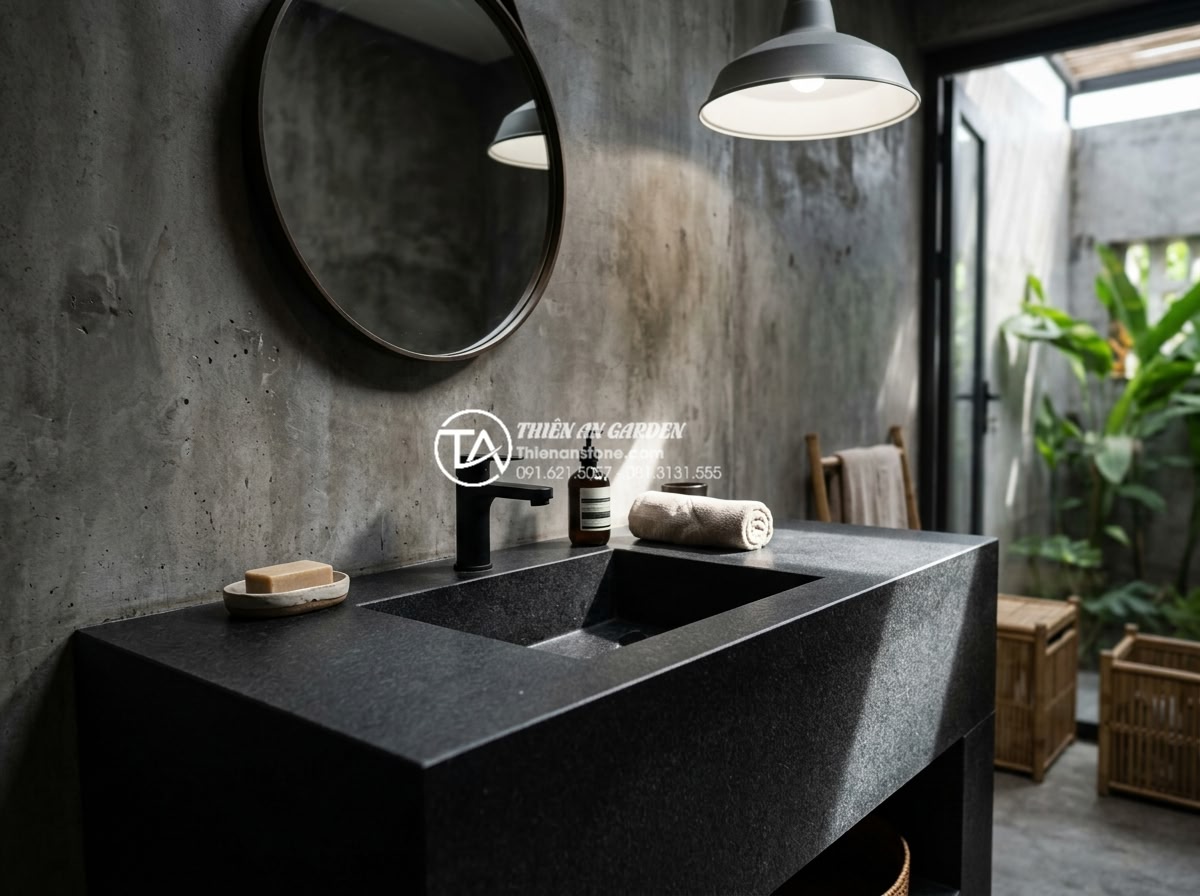 Top 10 Mẫu Bàn Đá Lavabo Đẹp Chinh Phục Mọi Ánh Nhìn Năm 2026 - Dramatic black granite Galaxy stone bathroom vanity with sparkling mineral fleck