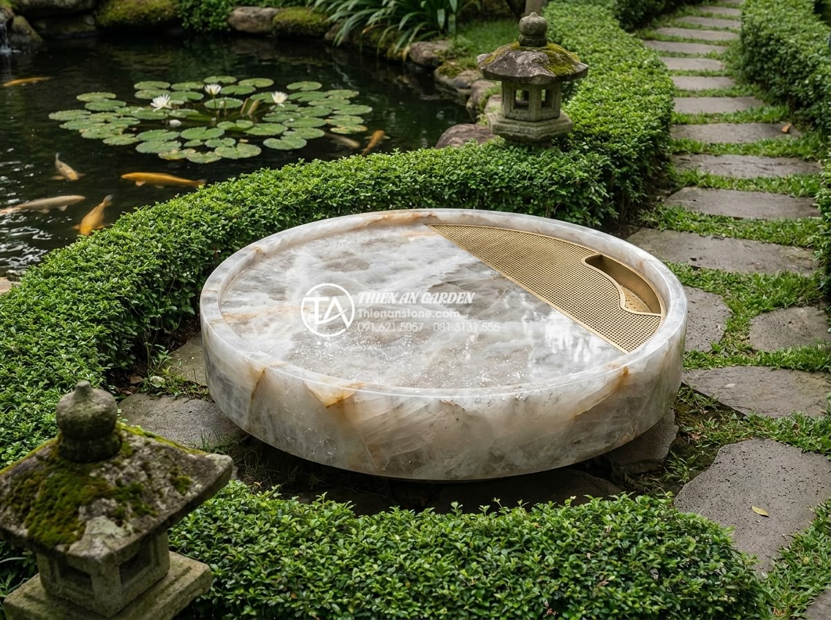 Top 10 mẫu bàn trà đá cuội nguyên khối đẹp nhất cho biệt thự sân vườn - Realistic 8K architectural photograph showing optimal placement of a large round