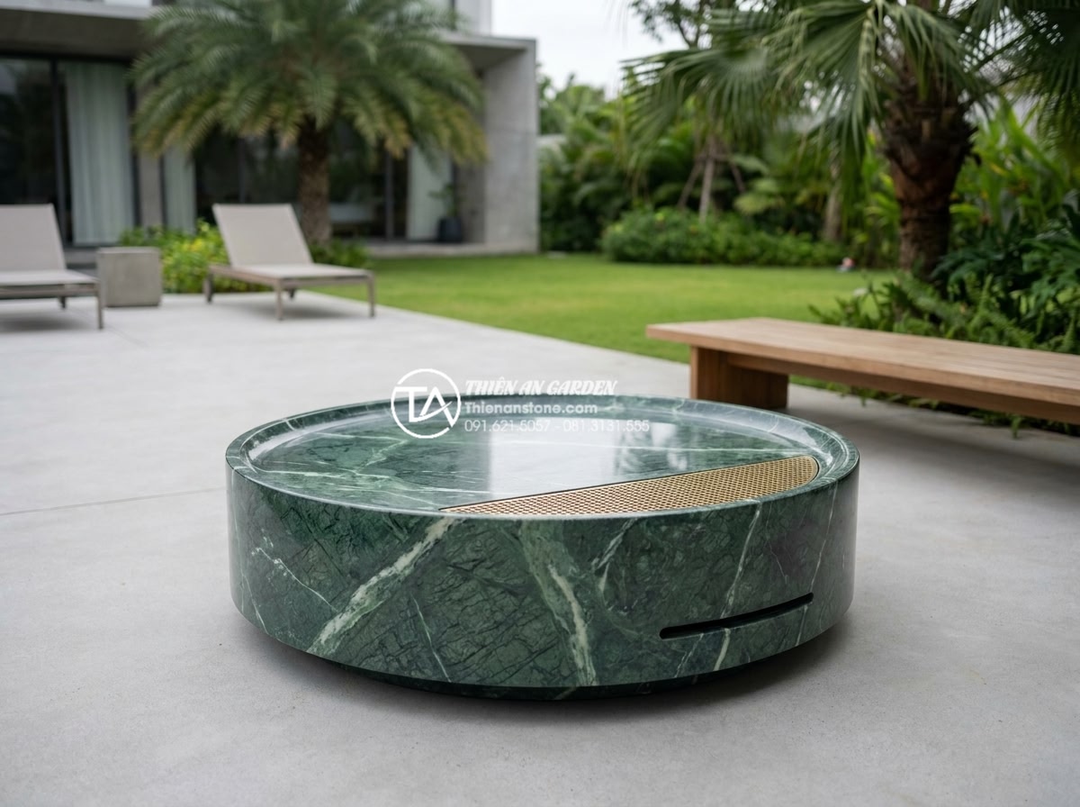 Top 10 mẫu bàn trà đá cuội nguyên khối đẹp nhất cho biệt thự sân vườn - Ultra detailed 8K realistic rendering of a modern minimalist round monolithic gr
