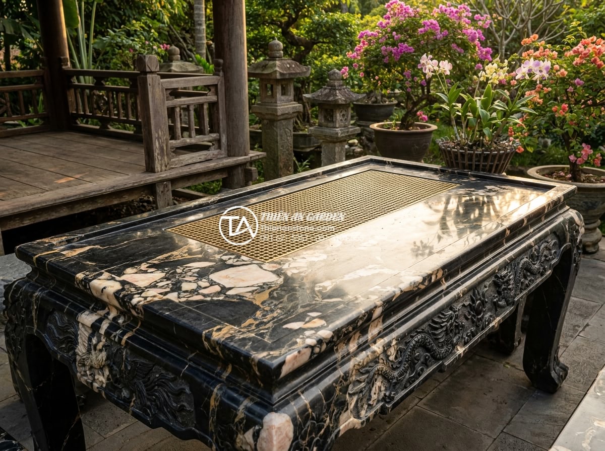Top 10 mẫu bàn trà đá cuội nguyên khối đẹp nhất cho biệt thự sân vườn - High-resolution 8K photograph of an ornate traditional Vietnamese style monolith
