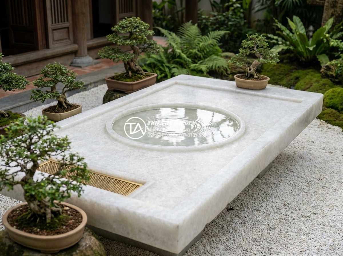 Top 10 mẫu bàn trà đá cuội nguyên khối đẹp nhất cho biệt thự sân vườn - Beautiful 8K realistic image of a zen-style monolithic pebble stone tea table wi