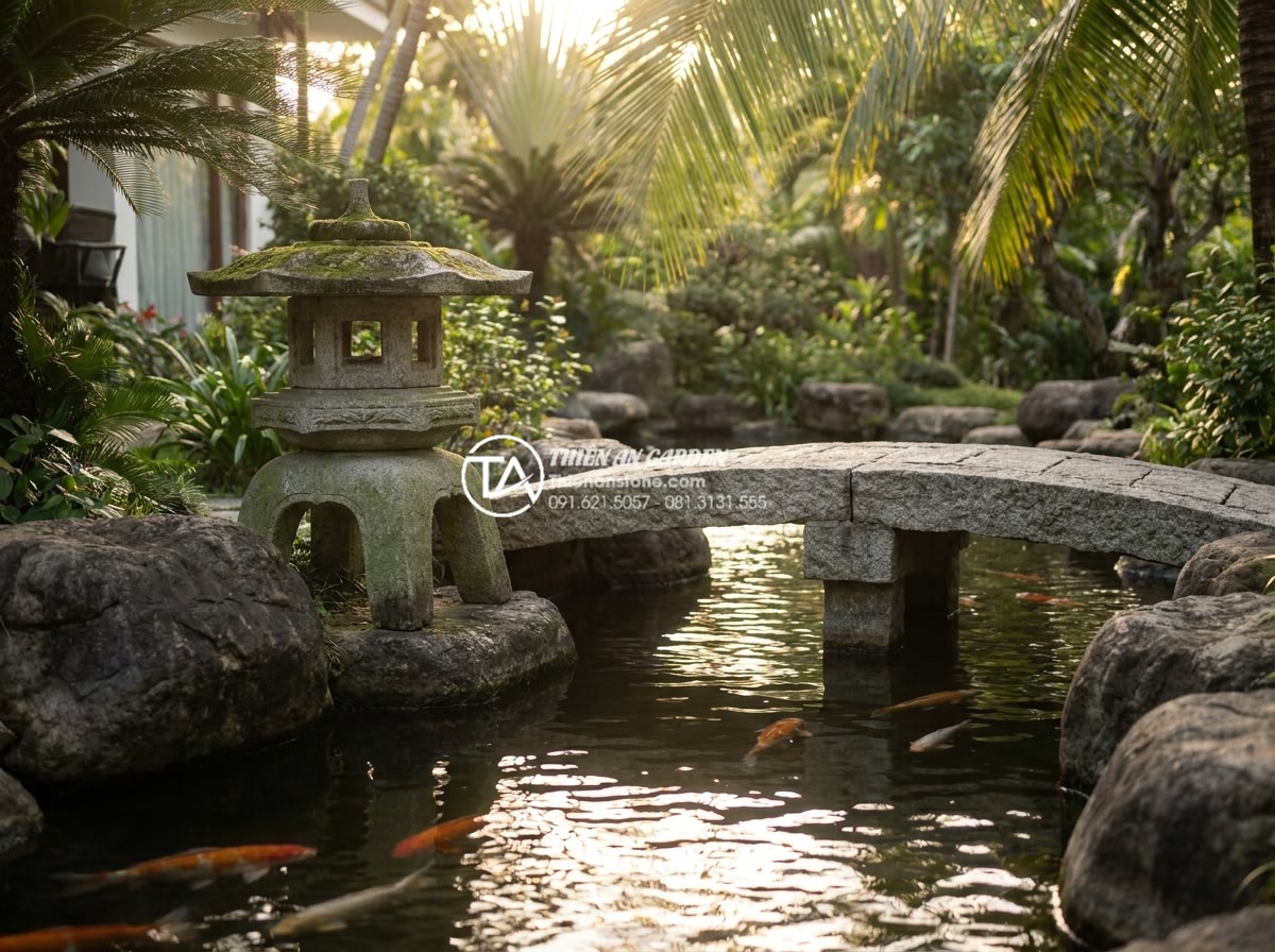 Top 10 mẫu đèn đá Nhật Bản tinh xảo nhất đặt cạnh cầu sân vườn - Elegant Japanese stone lantern standing gracefully beside a curved natural stone