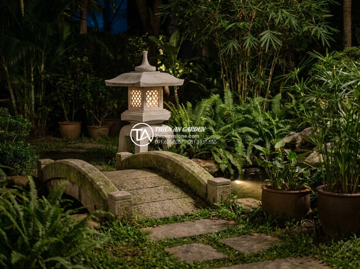 Top 10 mẫu đèn đá Nhật Bản tinh xảo nhất đặt cạnh cầu sân vườn - Hình 11 Top 10 mẫu đèn đá Nhật Bản tinh xảo nhất đặt cạnh cầu sân vườn - Peaceful Japanese stone lantern next to stone bridge in garden at night with sof