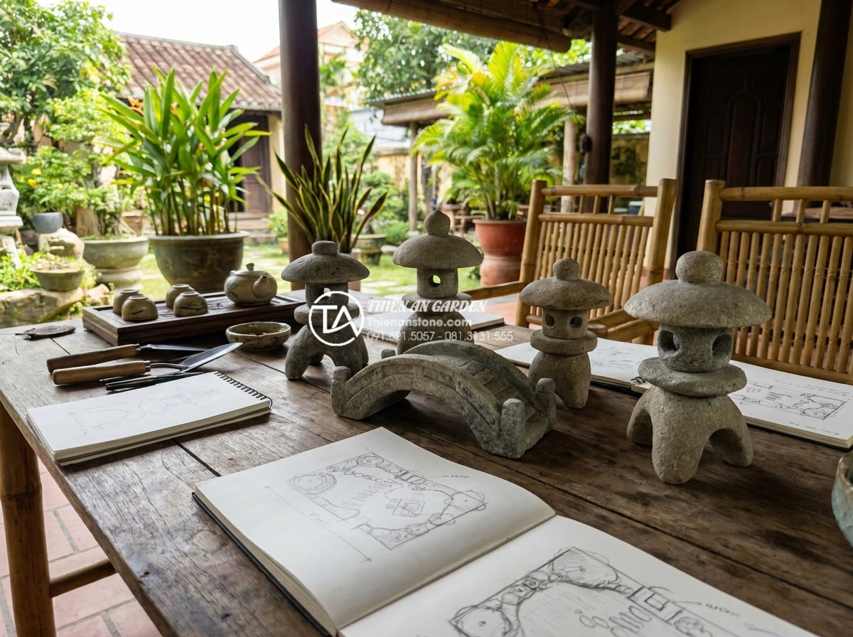 Top 10 mẫu đèn đá Nhật Bản tinh xảo nhất đặt cạnh cầu sân vườn - Hình 17 Top 10 mẫu đèn đá Nhật Bản tinh xảo nhất đặt cạnh cầu sân vườn - Expert consultation scene with Japanese stone lanterns and stone bridge models o