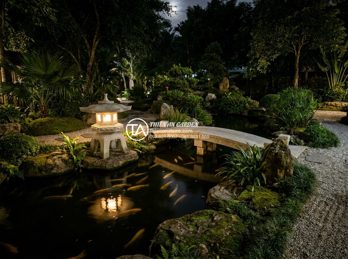 Top 10 mẫu đèn đá Nhật Bản tinh xảo nhất đặt cạnh cầu sân vườn - Hình 4 Top 10 mẫu đèn đá Nhật Bản tinh xảo nhất đặt cạnh cầu sân vườn - Traditional Japanese stone lantern illuminated at night in a zen garden with sto