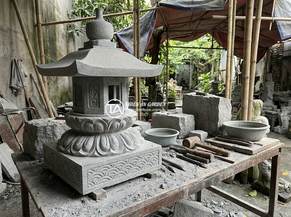 Top 10 mẫu đèn đá Nhật Bản tinh xảo nhất đặt cạnh cầu sân vườn - Hình 5 Top 10 mẫu đèn đá Nhật Bản tinh xảo nhất đặt cạnh cầu sân vườn - High-quality natural granite Japanese stone lantern being hand-carved by skilled