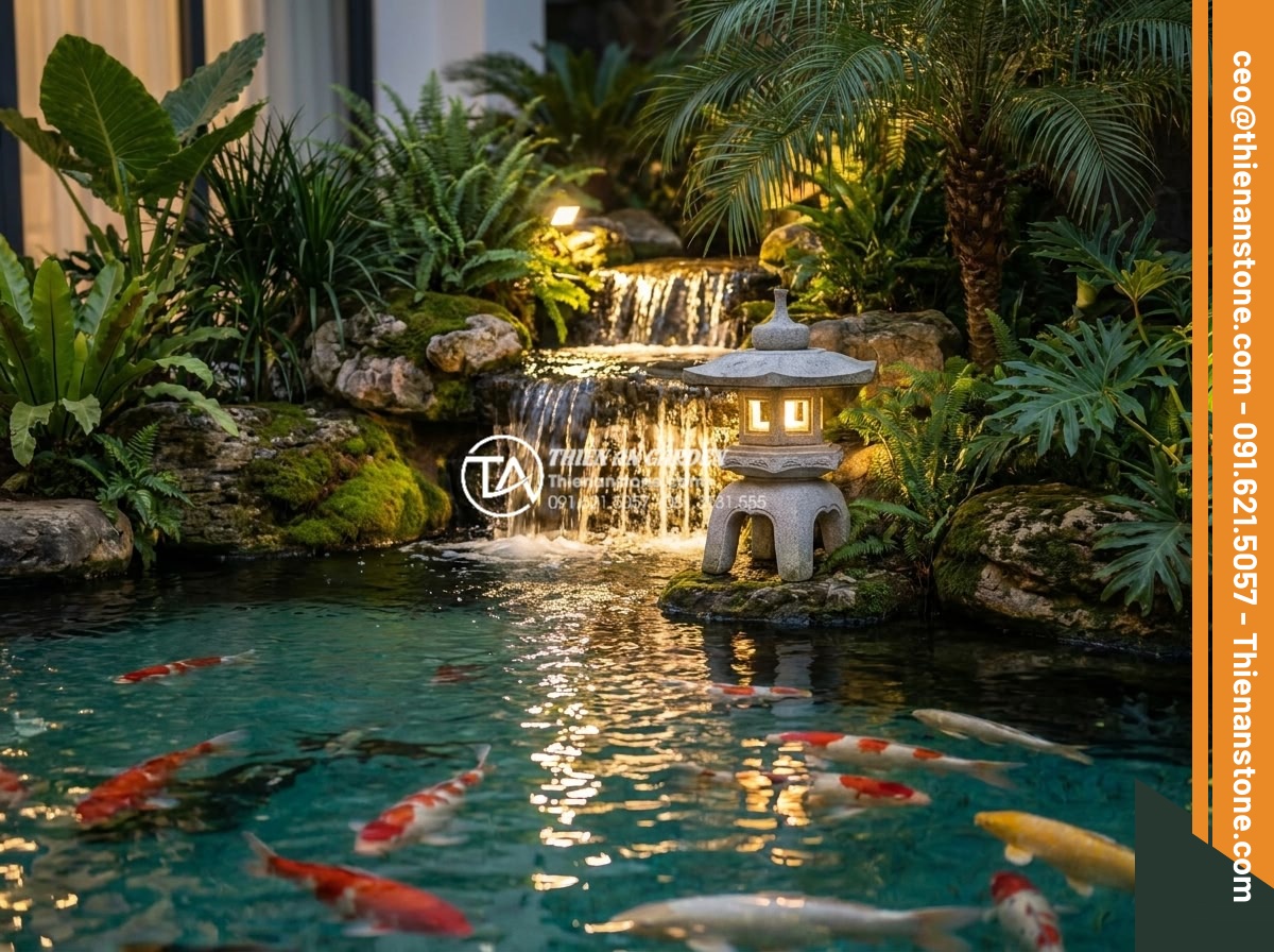 Top 10 mẫu tiểu cảnh hồ cá Koi không thể thiếu đèn đá Nhật Bản - Hình 3 Top 10 mẫu tiểu cảnh hồ cá Koi không thể thiếu đèn đá Nhật Bản - Dramatic Japanese Koi pond with cascading waterfall and elegant Oribe stone lant