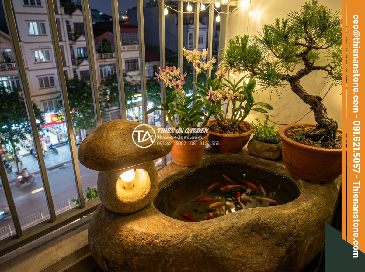 Top 10 mẫu tiểu cảnh hồ cá Koi không thể thiếu đèn đá Nhật Bản - Hình 6 Top 10 mẫu tiểu cảnh hồ cá Koi không thể thiếu đèn đá Nhật Bản - Compact balcony Japanese style mini Koi pond with small Oribe stone lantern, cle