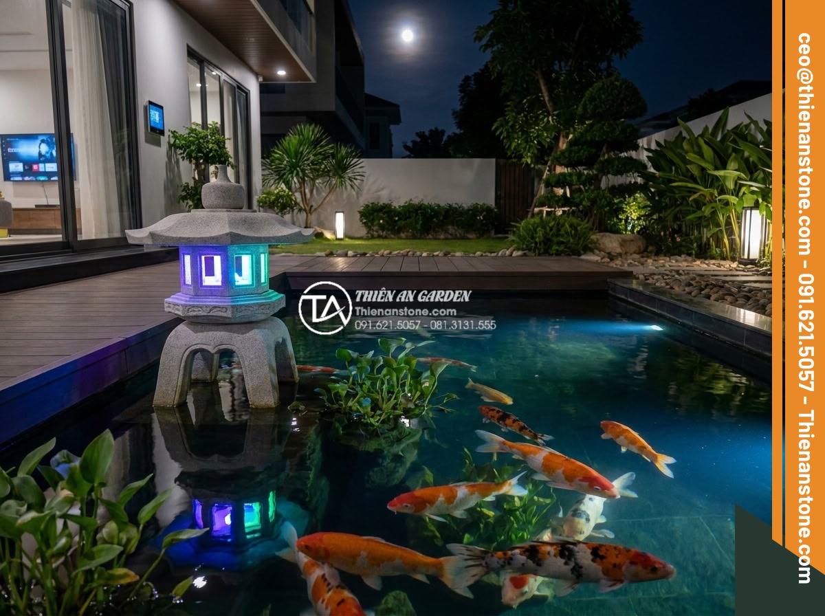 Top 10 mẫu tiểu cảnh hồ cá Koi không thể thiếu đèn đá Nhật Bản - Hình 9 Top 10 mẫu tiểu cảnh hồ cá Koi không thể thiếu đèn đá Nhật Bản - High tech modern Japanese Koi pond with Kasuga stone lantern featuring integrate