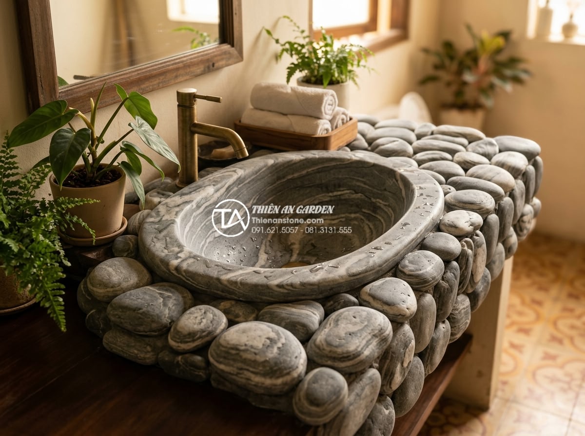 Top 15+ Mẫu Lavabo Đá Cuội Tự Nhiên Độc Bản - Mang Cả Suối Rừng Vào Nhà - Happy multi-generational family using a natural stone pebble lavabo in a warm fa