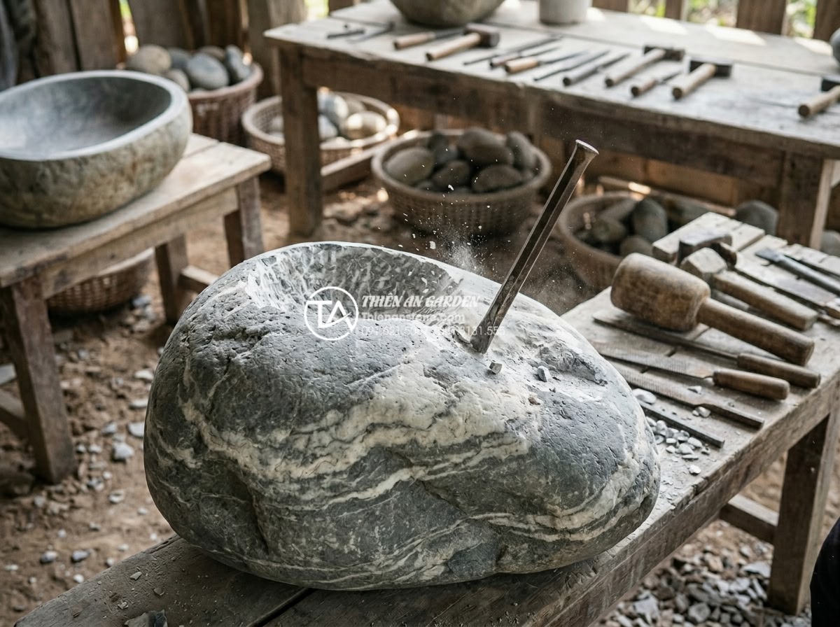 Top 15+ Mẫu Lavabo Đá Cuội Tự Nhiên Độc Bản - Mang Cả Suối Rừng Vào Nhà - Artisan hand-carving a large river cobblestone into an elegant natural stone bat