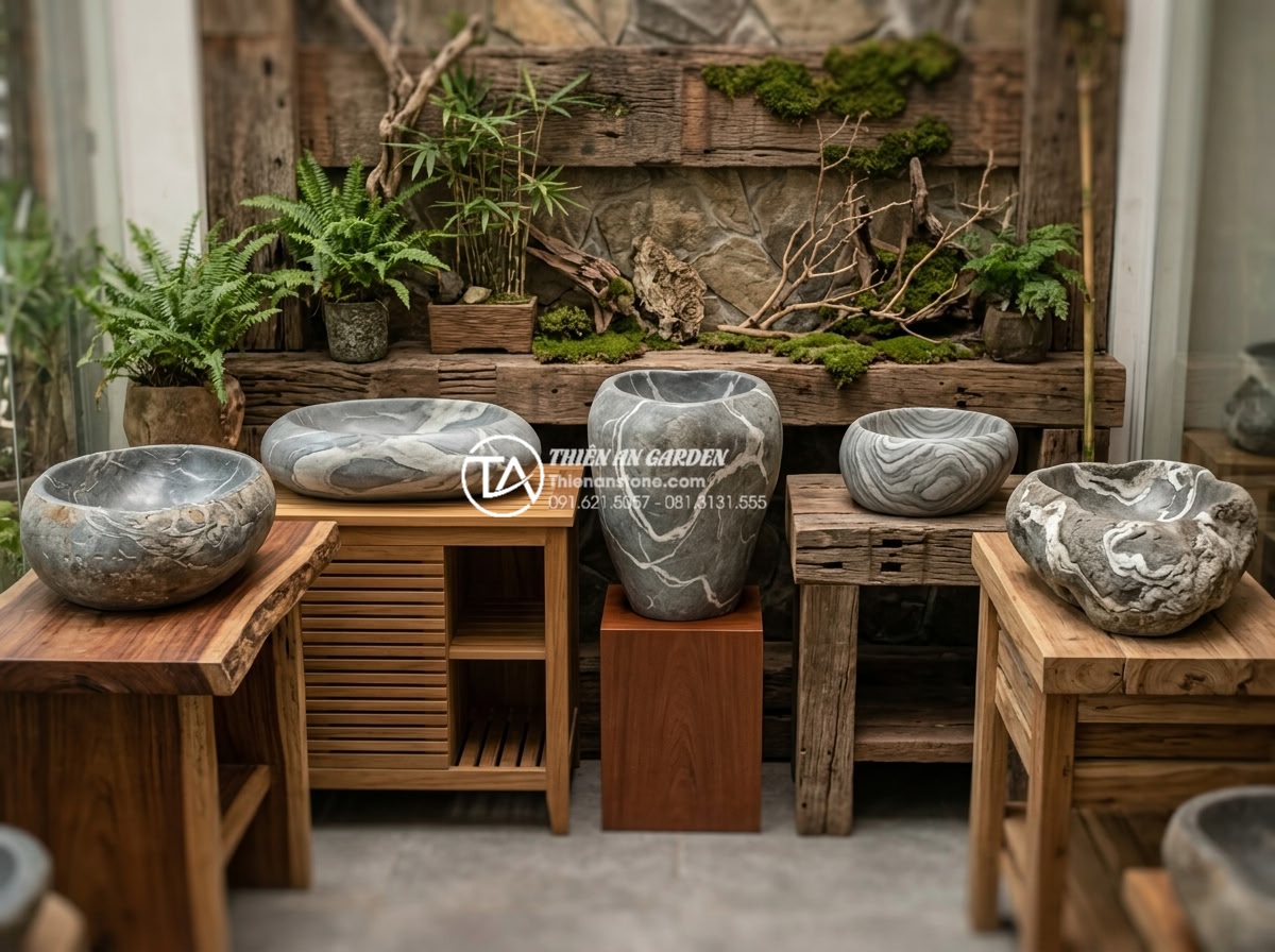 Top 15+ Mẫu Lavabo Đá Cuội Tự Nhiên Độc Bản - Mang Cả Suối Rừng Vào Nhà - Collection of five rustic natural pebble stone lavabos in a showroom setting, ea