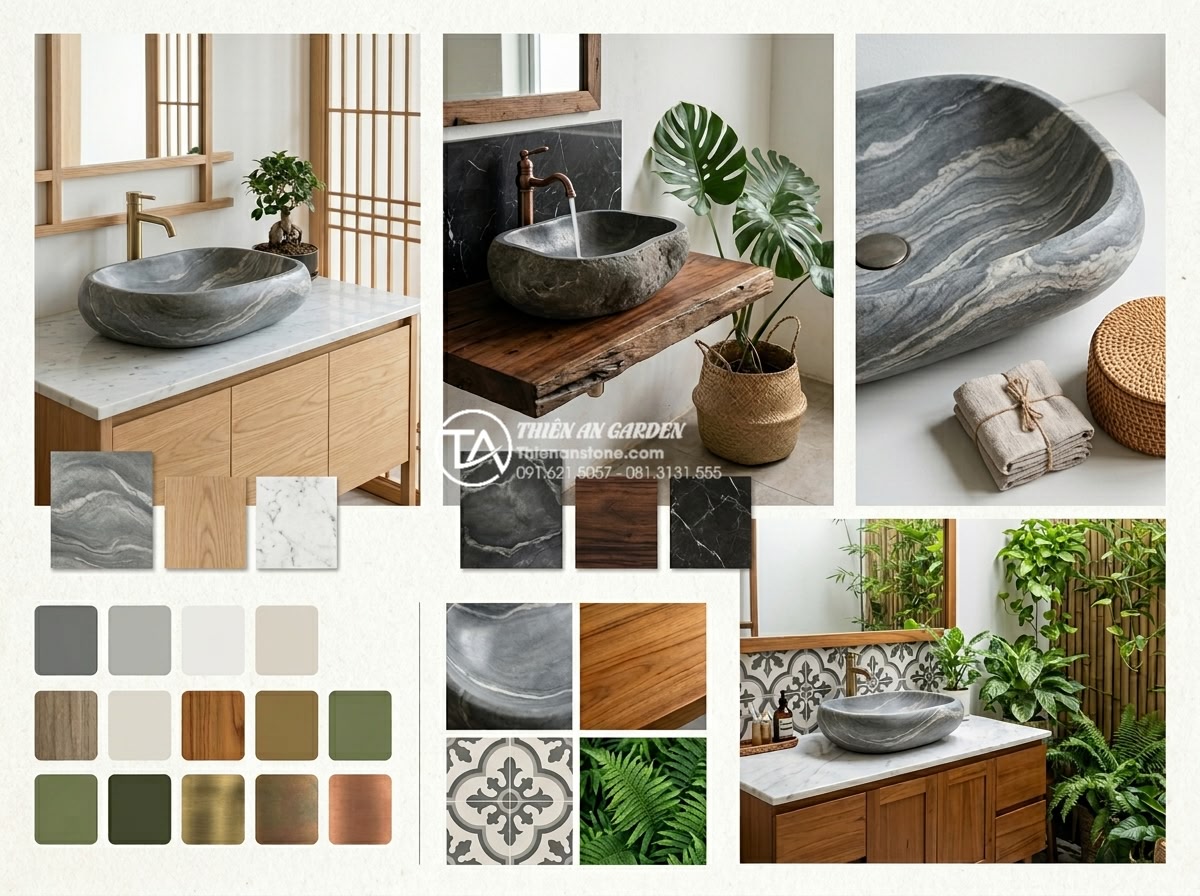 Top 15+ Mẫu Lavabo Đá Cuội Tự Nhiên Độc Bản - Mang Cả Suối Rừng Vào Nhà - Interior design mood board showing various natural cobble stone lavabos paired w