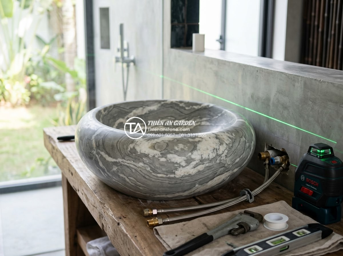 Top 15+ Mẫu Lavabo Đá Cuội Tự Nhiên Độc Bản - Mang Cả Suối Rừng Vào Nhà - Professional team installing a large natural stone pebble lavabo in a luxury vil