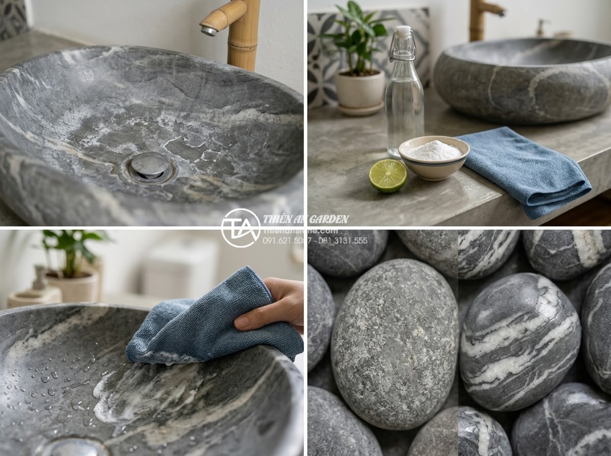 Top 15+ Mẫu Lavabo Đá Cuội Tự Nhiên Độc Bản - Mang Cả Suối Rừng Vào Nhà - Step-by-step guide visual of cleaning and maintaining a natural pebble stone bat