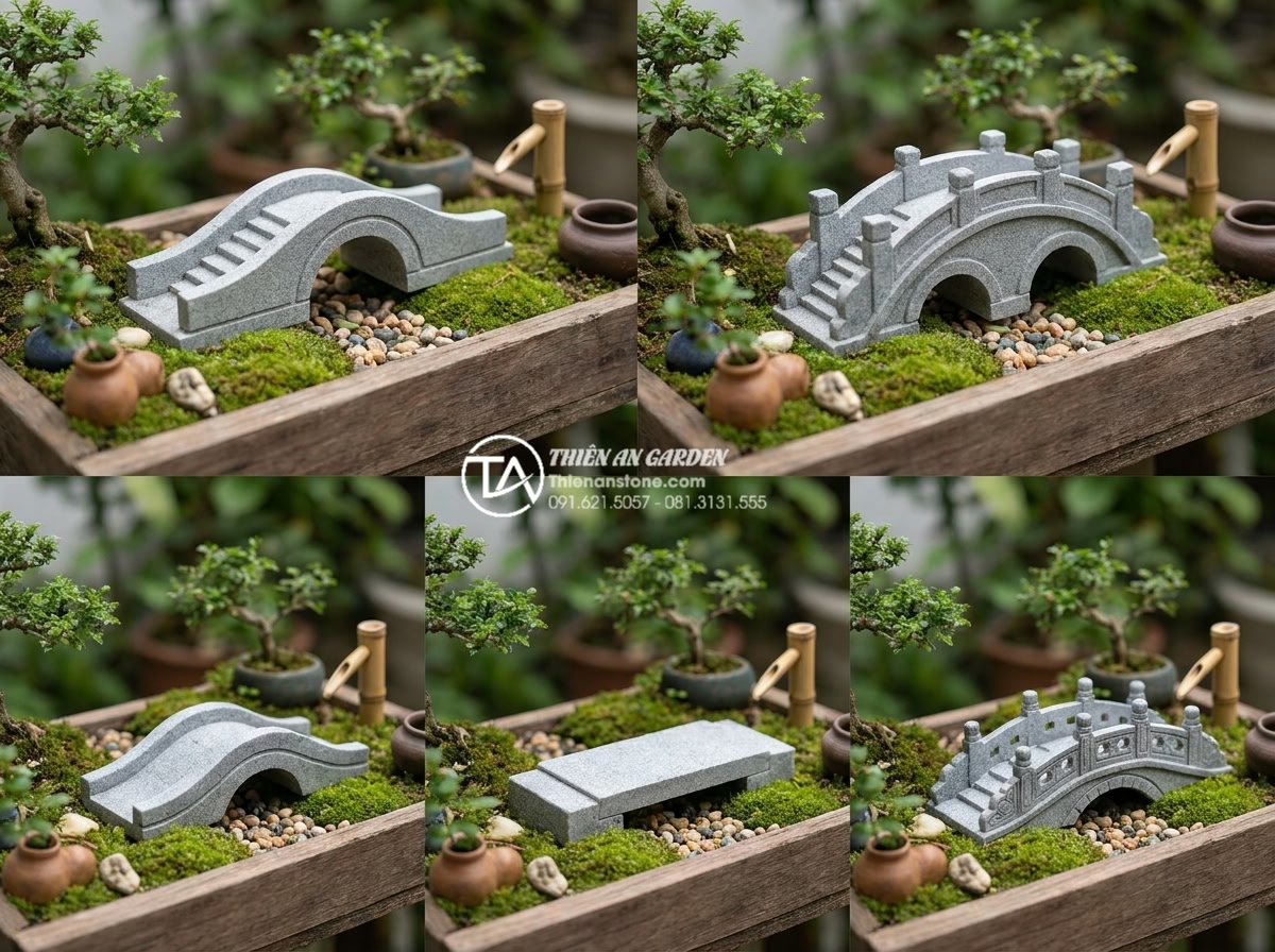 Top 5 mẫu cầu đá mini cho sân vườn diện tích nhỏ và nhà phố - Hình 8 Top 5 mẫu cầu đá mini cho sân vườn diện tích nhỏ và nhà phố - Clean comparison infographic style image showing the five different miniature st