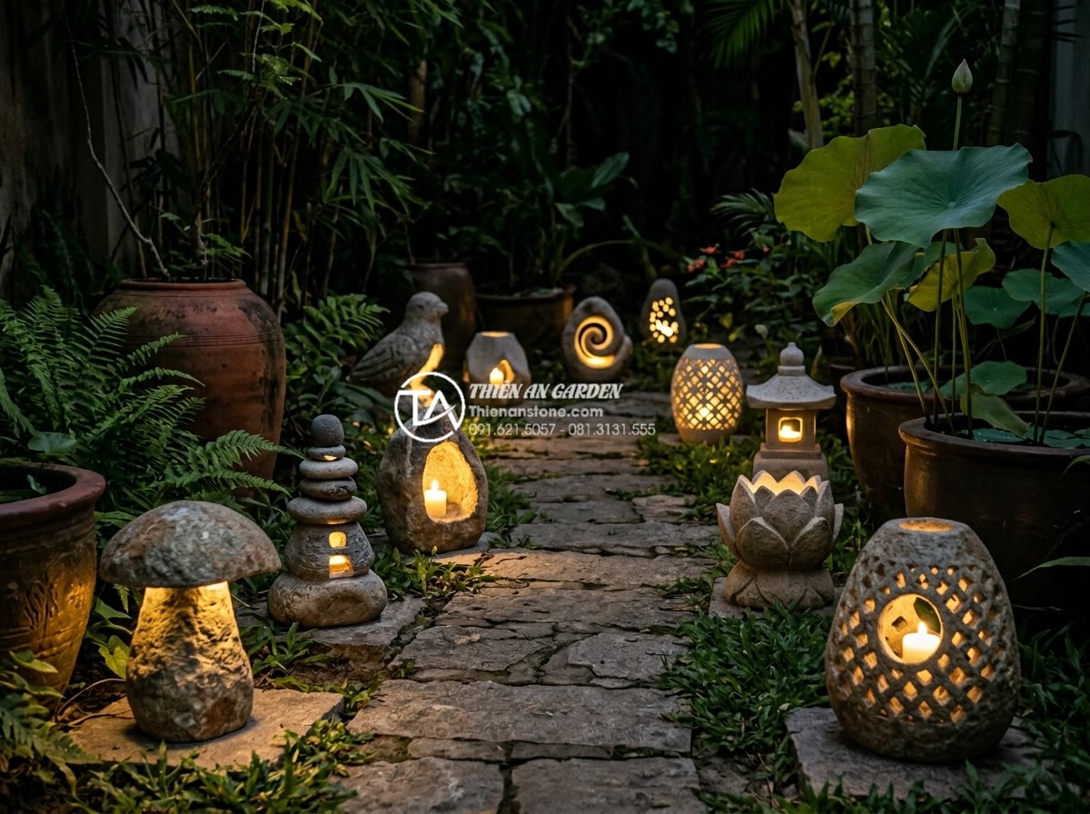 Top 50+ mẫu đèn đá sân vườn đẹp, tinh tế cho mọi không gian cảnh quan - Series of ten different beautiful natural stone garden path lights including gra
