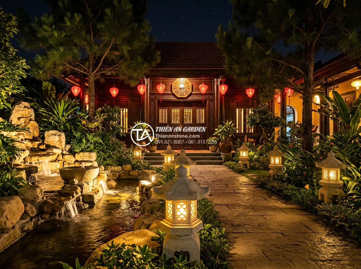 Top 50+ mẫu đèn đá sân vườn đẹp, tinh tế cho mọi không gian cảnh quan - Traditional Vietnamese Feng Shui stone garden lanterns arranged harmoniously aro