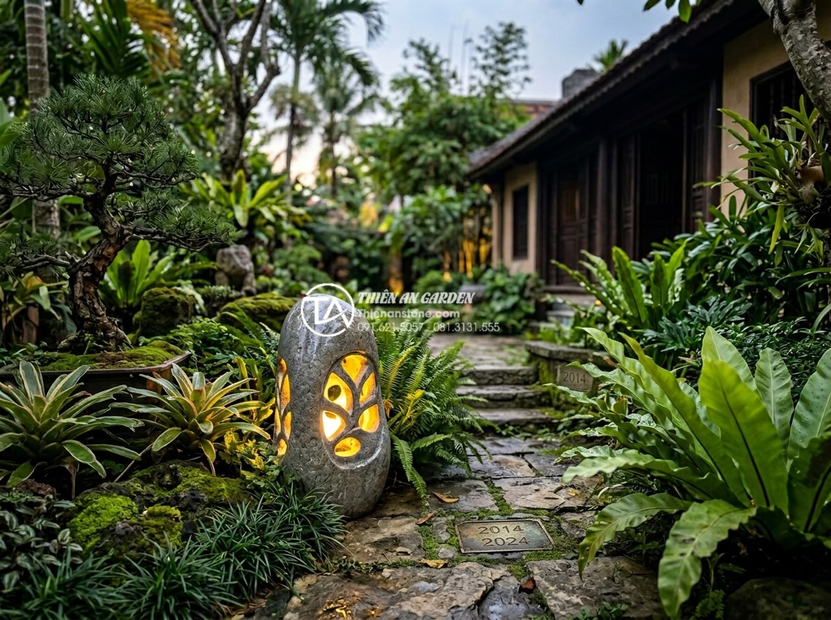 Top 50+ mẫu đèn đá sân vườn đẹp, tinh tế cho mọi không gian cảnh quan - Well-maintained elegant stone garden lights in a mature Vietnamese villa garden 